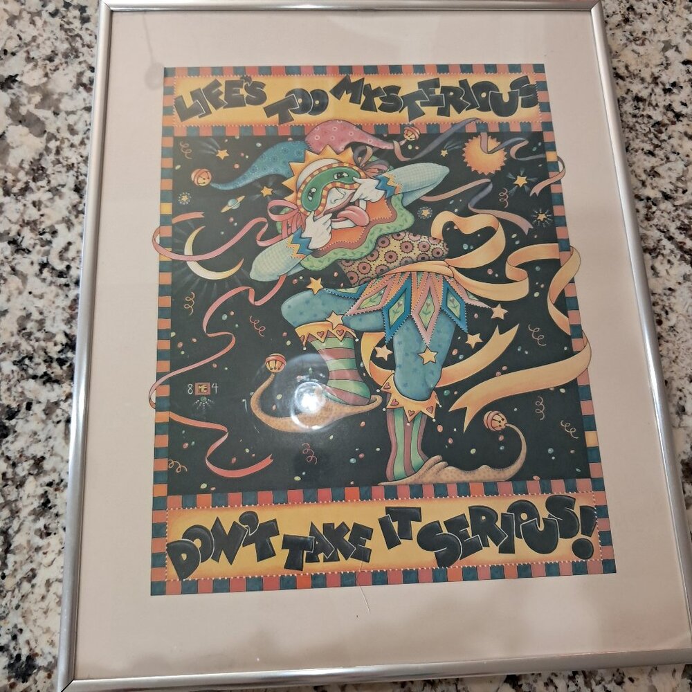Mary Engelbreit framed art‎ Print Life's Too Mysterious Jester clown Black